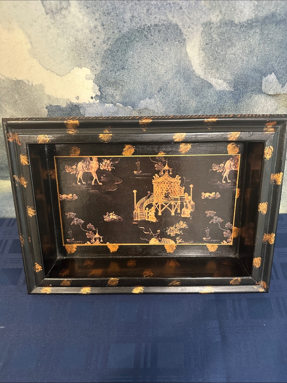 Black and Gold Chinoiserie Lacquer Vanity Tray - Home Bath